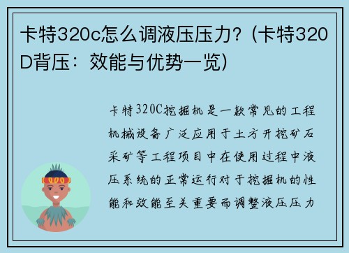 卡特320c怎么调液压压力？(卡特320D背压：效能与优势一览)