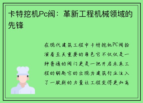 卡特挖机Pc阀：革新工程机械领域的先锋